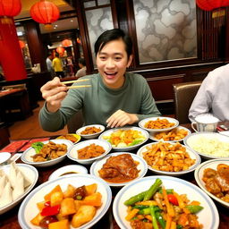 A person tasting a variety of delicious Chinese cuisine at a traditional Chinese restaurant