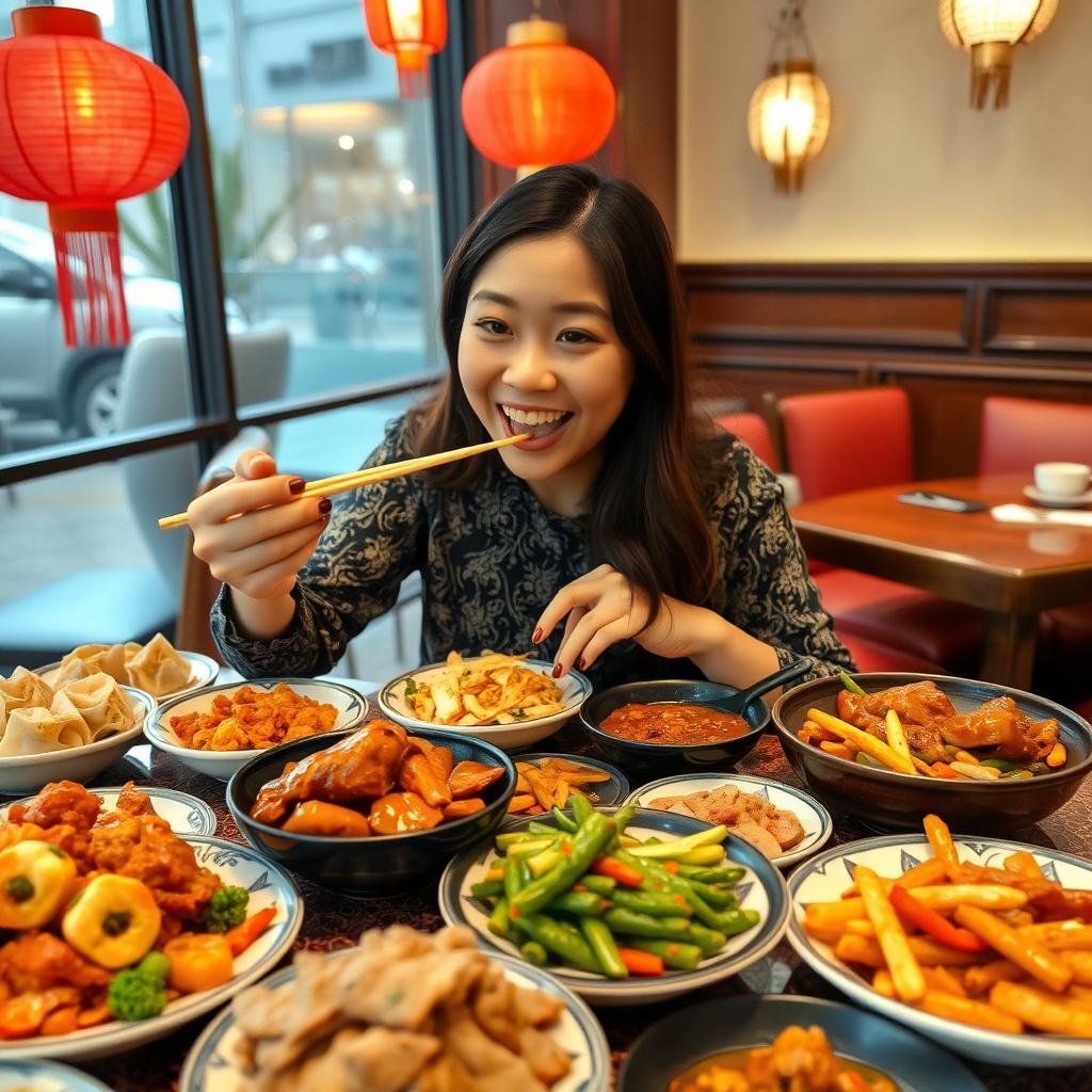 A person tasting a variety of delicious Chinese cuisine at a traditional Chinese restaurant