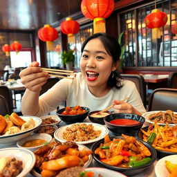 A person tasting a variety of delicious Chinese cuisine at a traditional Chinese restaurant