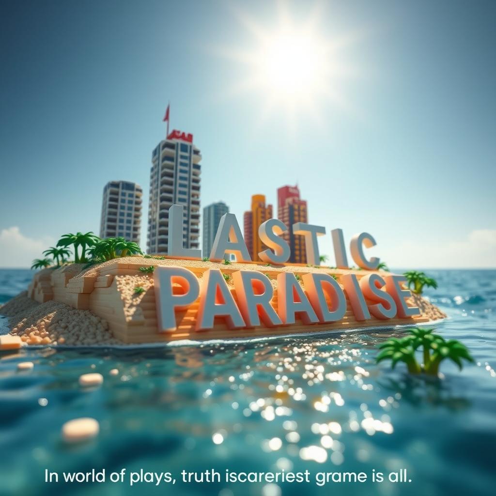 Close-up ground-level full view of a small LEGO island shore with tall LEGO buildings spelling "PLASTIC" and below that "PARADISE" under a bright sunny day, surrounded by shimmering water