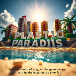 Close-up ground-level full view of a small LEGO island shore with tall LEGO buildings spelling "PLASTIC" and below that "PARADISE" under a bright sunny day, surrounded by shimmering water