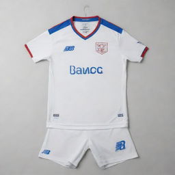 A football kit in white, blue, and red designed in the style of New Balance