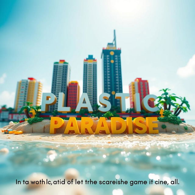 Close-up ground-level full view of a small LEGO island shore with tall LEGO buildings spelling "PLASTIC" and below that "PARADISE" under a bright sunny day, surrounded by shimmering water