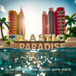 Close-up ground-level full view of a small LEGO island shore with tall LEGO buildings spelling "PLASTIC" and below that "PARADISE" under a bright sunny day, surrounded by shimmering water