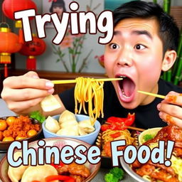 A vibrant YouTube thumbnail featuring an excited person trying Chinese food