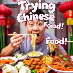 A vibrant YouTube thumbnail featuring an excited person trying Chinese food