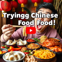 A vibrant YouTube thumbnail featuring an excited person trying Chinese food