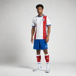 A football kit in white, blue, and red designed in the style of New Balance