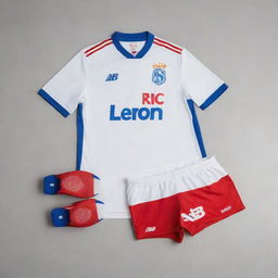 A football kit in white, blue, and red designed in the style of New Balance