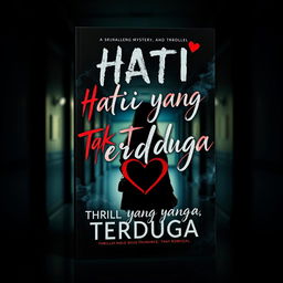 Book cover for a novel titled "Hati yang Tak Terduga" featuring themes of thriller, mystery, and romance set in a school