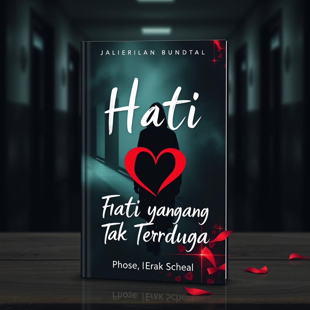 Book cover for a novel titled "Hati yang Tak Terduga" featuring themes of thriller, mystery, and romance set in a school