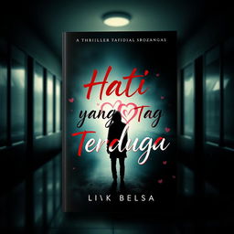 Book cover for a novel titled "Hati yang Tak Terduga" featuring themes of thriller, mystery, and romance set in a school