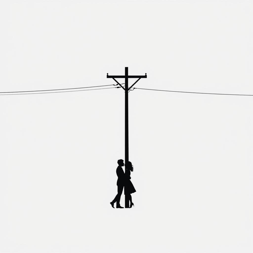 A minimalist cover art featuring a simple silhouette of a couple kissing under a power pole