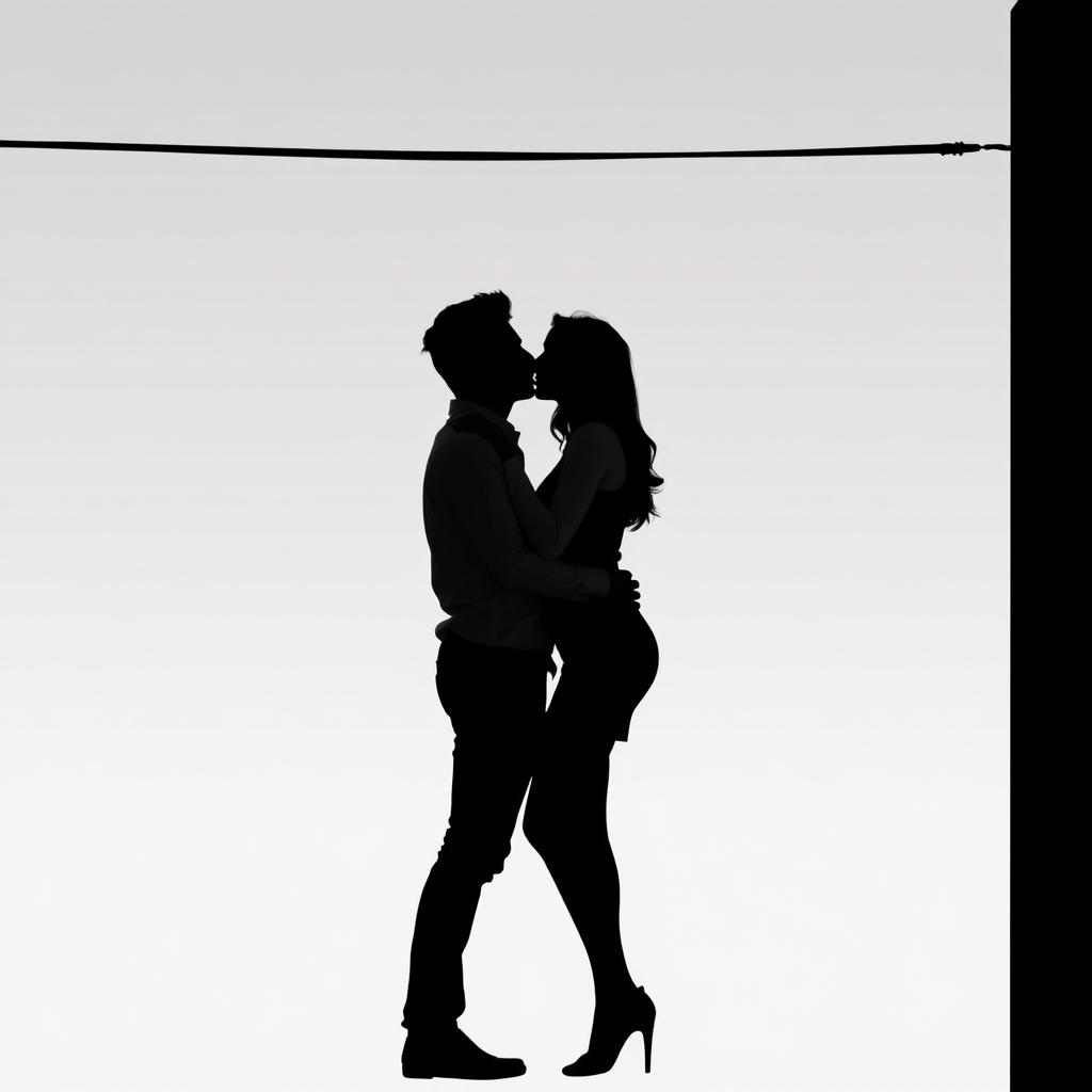 A simple silhouette scene of a couple kissing under a power pole