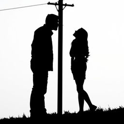 A simple silhouette scene of a couple kissing under a power pole