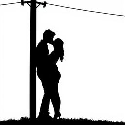 A simple silhouette scene of a couple kissing under a power pole