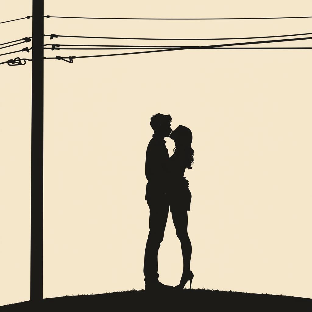 A simple silhouette scene of a couple kissing under a power pole