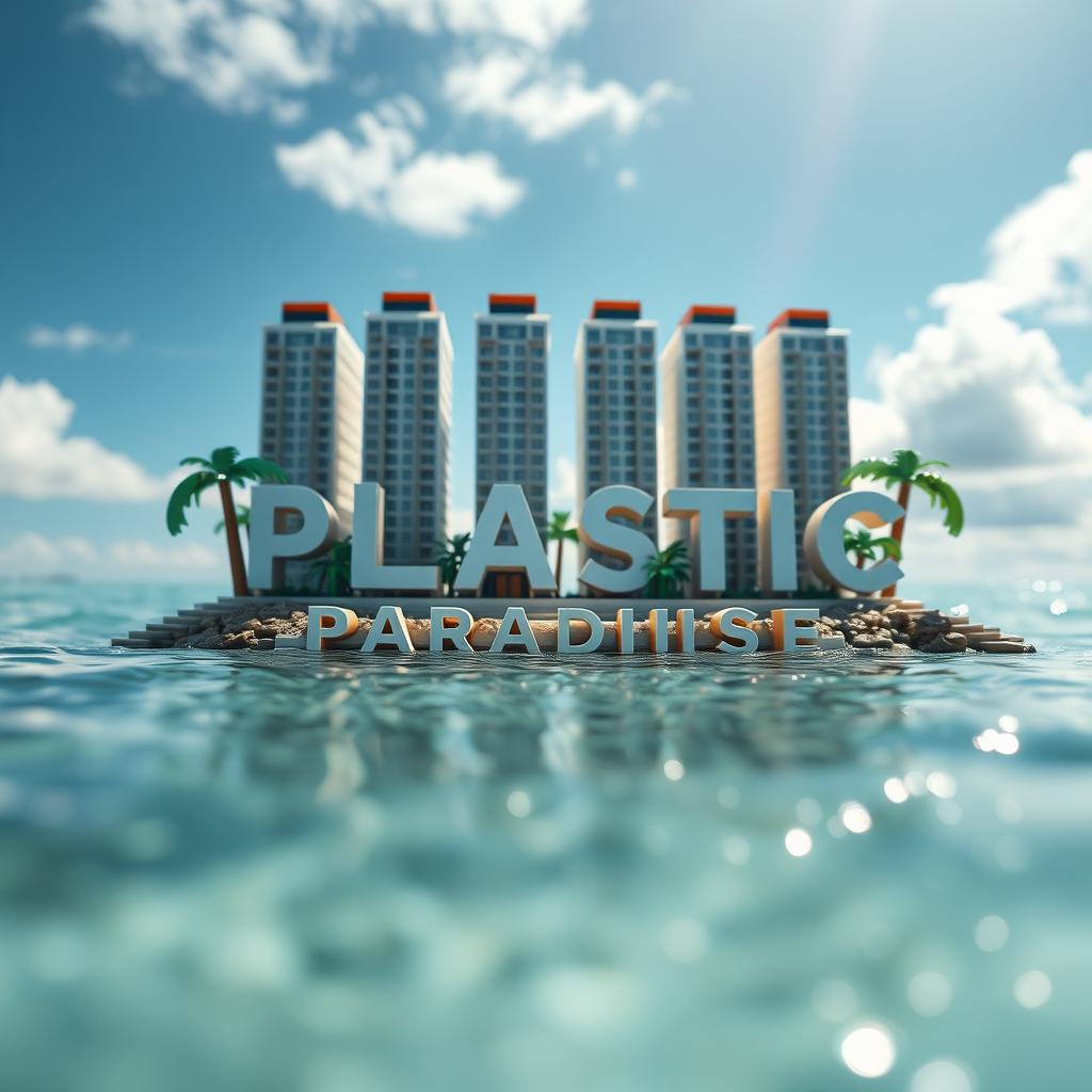 A close-up ground level view of a small LEGO island shore, featuring tall LEGO buildings that spell "PLASTIC" with the word "PARADISE" underneath