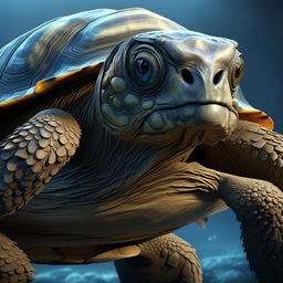 Generate a detailed, realistic portrait of a towering, dark blue tortoise-like creature. It has large, resolute eyes and two powerful water cannons protruding from its thick shell.