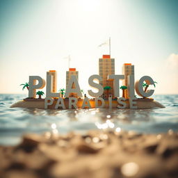 A close-up ground level view of a small LEGO island shore, featuring tall LEGO buildings that spell "PLASTIC" with the word "PARADISE" underneath