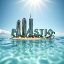 A close-up ground level view of a small LEGO island shore, featuring tall LEGO buildings that spell "PLASTIC" with the word "PARADISE" underneath