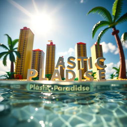 A close-up ground level view of a small LEGO island shore, featuring tall LEGO buildings that spell "PLASTIC" with the word "PARADISE" underneath