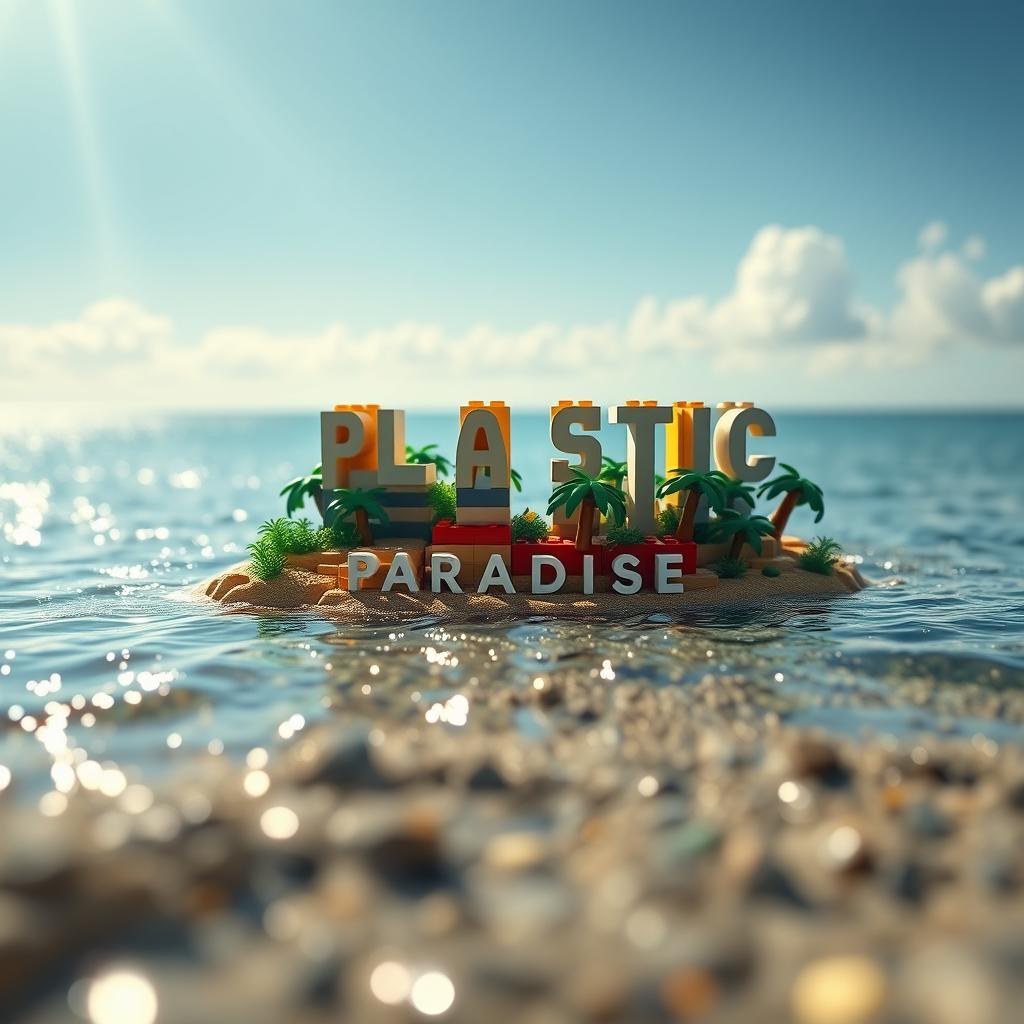 A close-up ground level view of a small LEGO island shore, featuring tall LEGO buildings that spell "PLASTIC" with the word "PARADISE" below