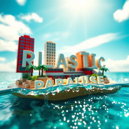 A close-up ground level view of a small LEGO island shore, featuring tall LEGO buildings that spell "PLASTIC" with the word "PARADISE" below