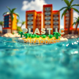 A close-up ground level view of a small LEGO island shore, featuring tall LEGO buildings that spell "PLASTIC" with the word "PARADISE" below