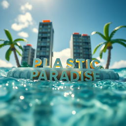 A close-up ground level view of a small LEGO island shore, featuring tall LEGO buildings that spell "PLASTIC" with the word "PARADISE" below