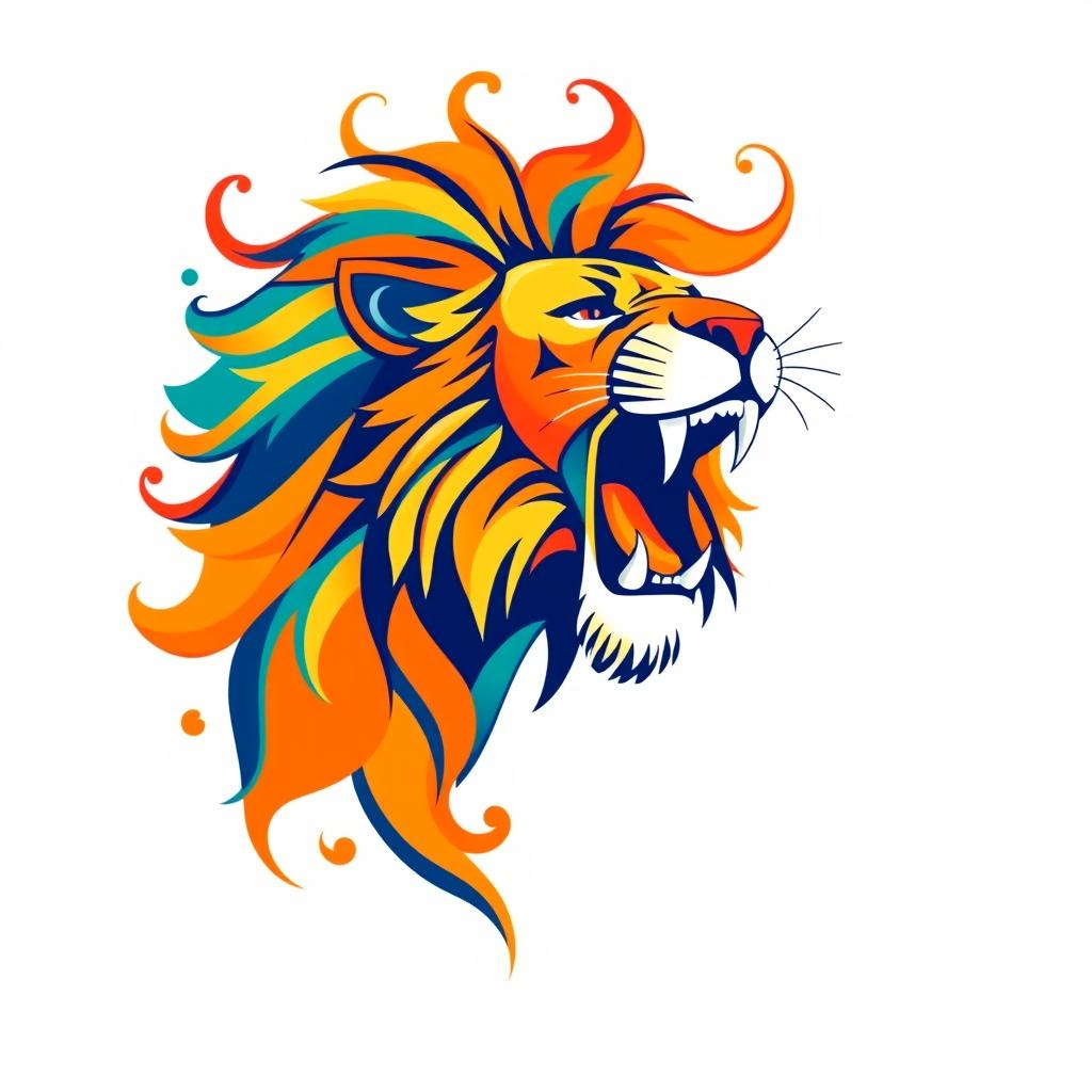 A vibrant and stylish T-shirt design featuring a bold and colorful graphic of a roaring lion