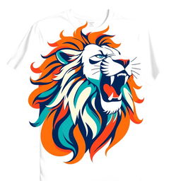 A vibrant and stylish T-shirt design featuring a bold and colorful graphic of a roaring lion