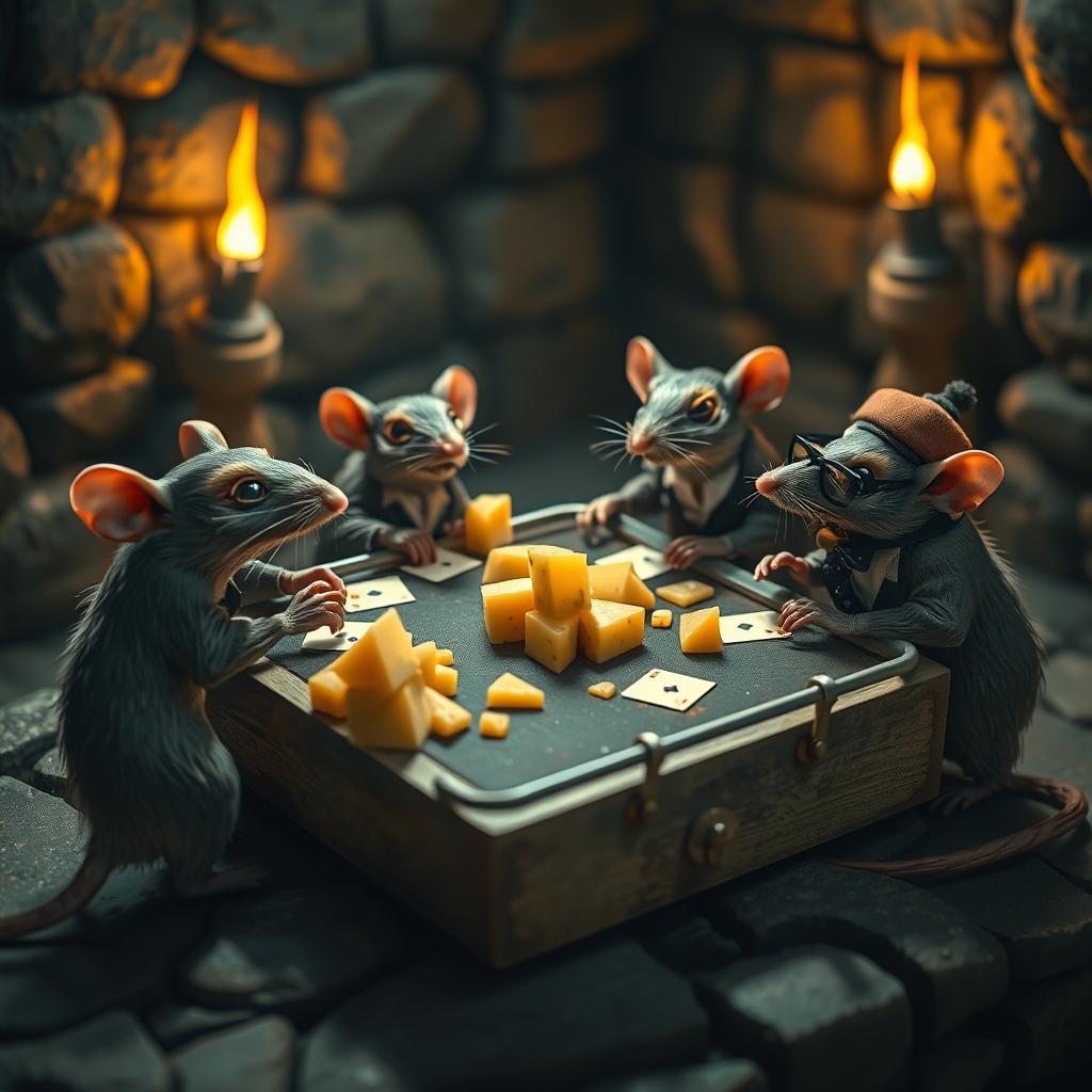 A whimsical scene featuring a poker table made from a mouse trap, where anthropomorphic rats are deeply engaged in a game of cards