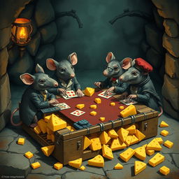 A whimsical scene featuring a poker table made from a mouse trap, where anthropomorphic rats are deeply engaged in a game of cards