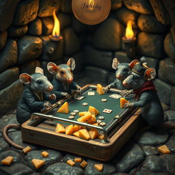 A whimsical scene featuring a poker table made from a mouse trap, where anthropomorphic rats are deeply engaged in a game of cards