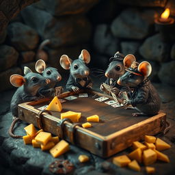 A whimsical scene featuring a poker table made from a mouse trap, where anthropomorphic rats are deeply engaged in a game of cards