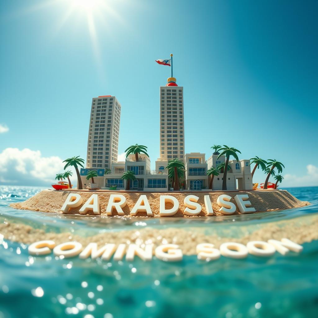 A close-up ground level view of a small LEGO island shore, with tall LEGO buildings spelling "PLASTIC" and "PARADISE" below