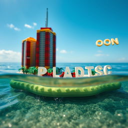 A close-up ground level view of a small LEGO island shore, with tall LEGO buildings spelling "PLASTIC" and "PARADISE" below