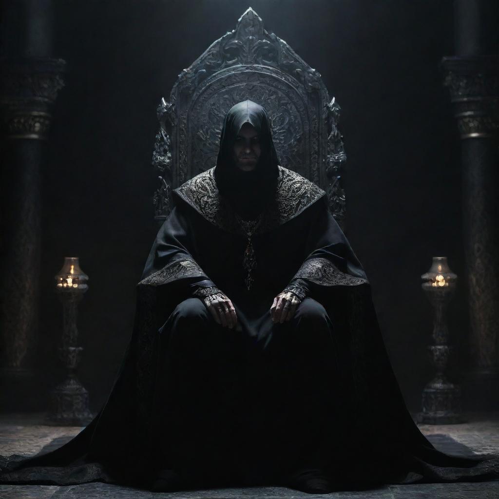 A supremely powerful overlord, shrouded in an cloak of tangible darkness, sitting on an ornate, imposing throne. His eyes piercing through shadows with an intimidating glow, exuding an aura of dread and absolute authority over his surroundings