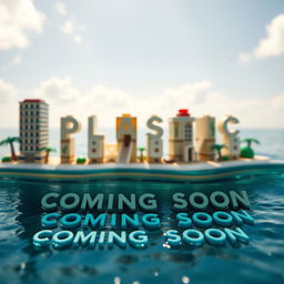 A close-up ground level view of a small LEGO island shore, with tall LEGO buildings spelling "PLASTIC" and "PARADISE" below