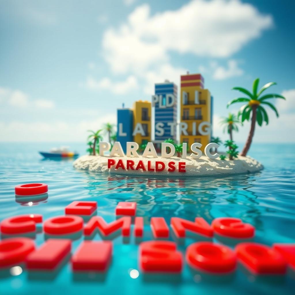 A close-up ground level view of a small LEGO island shore, featuring tall LEGO buildings that spell "PLASTIC" with "PARADISE" below