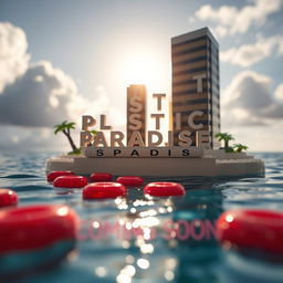 A close-up ground level view of a small LEGO island shore, featuring tall LEGO buildings that spell "PLASTIC" with "PARADISE" below, illuminated by a bright sunny day