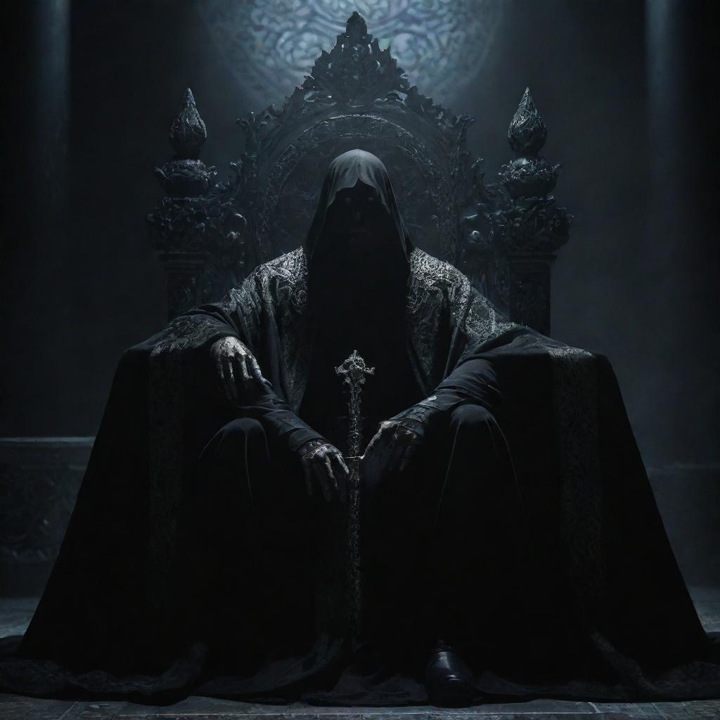 A supremely powerful overlord, shrouded in an cloak of tangible darkness, sitting on an ornate, imposing throne. His eyes piercing through shadows with an intimidating glow, exuding an aura of dread and absolute authority over his surroundings