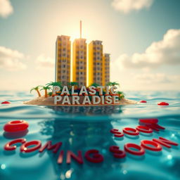 A close-up ground level view of a small LEGO island shore, featuring tall LEGO buildings that spell "PLASTIC" with "PARADISE" below, illuminated by a bright sunny day