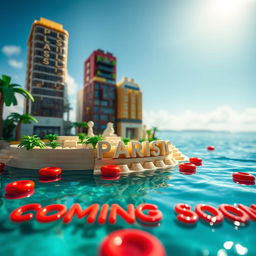 A close-up ground level view of a small LEGO island shore, featuring tall LEGO buildings that spell "PLASTIC" with "PARADISE" below, illuminated by a bright sunny day