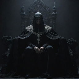 A supremely powerful overlord, shrouded in an cloak of tangible darkness, sitting on an ornate, imposing throne. His eyes piercing through shadows with an intimidating glow, exuding an aura of dread and absolute authority over his surroundings