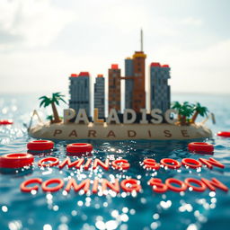 A close-up ground level view of a small LEGO island shore, featuring tall LEGO buildings that spell "PLASTIC" with "PARADISE" just below