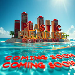 A close-up ground level shot of a small LEGO island shore, featuring tall LEGO buildings spelling out "PLASTIC" with "PARADISE" beneath it