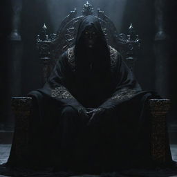 A supremely powerful overlord, shrouded in an cloak of tangible darkness, sitting on an ornate, imposing throne. His eyes piercing through shadows with an intimidating glow, exuding an aura of dread and absolute authority over his surroundings