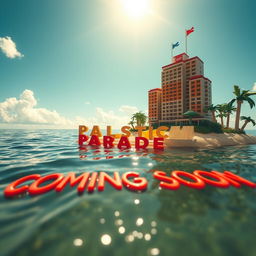 A close-up ground level perspective of a small LEGO island shore, featuring towering LEGO buildings that spell out "PLASTIC" with "PARADISE" beneath it